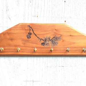 Wood-Burned Pine Cone Key Holder: Vintage Cabin Decor, 6 Hooks ~ 858