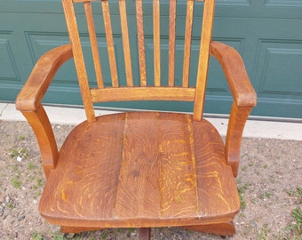 Vintage Wood Oak Bankers Swivel Tilt Arm Desk Chair Adjustable Wooden Office Chair w/Casters Lawyer School Stamp 188 SHIPPING NOT 1.00  698