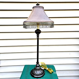 Victorian Design Candlestick Lamp: Transitional Lined Shade Beaded Fringe Desk Lamp ~ 1644