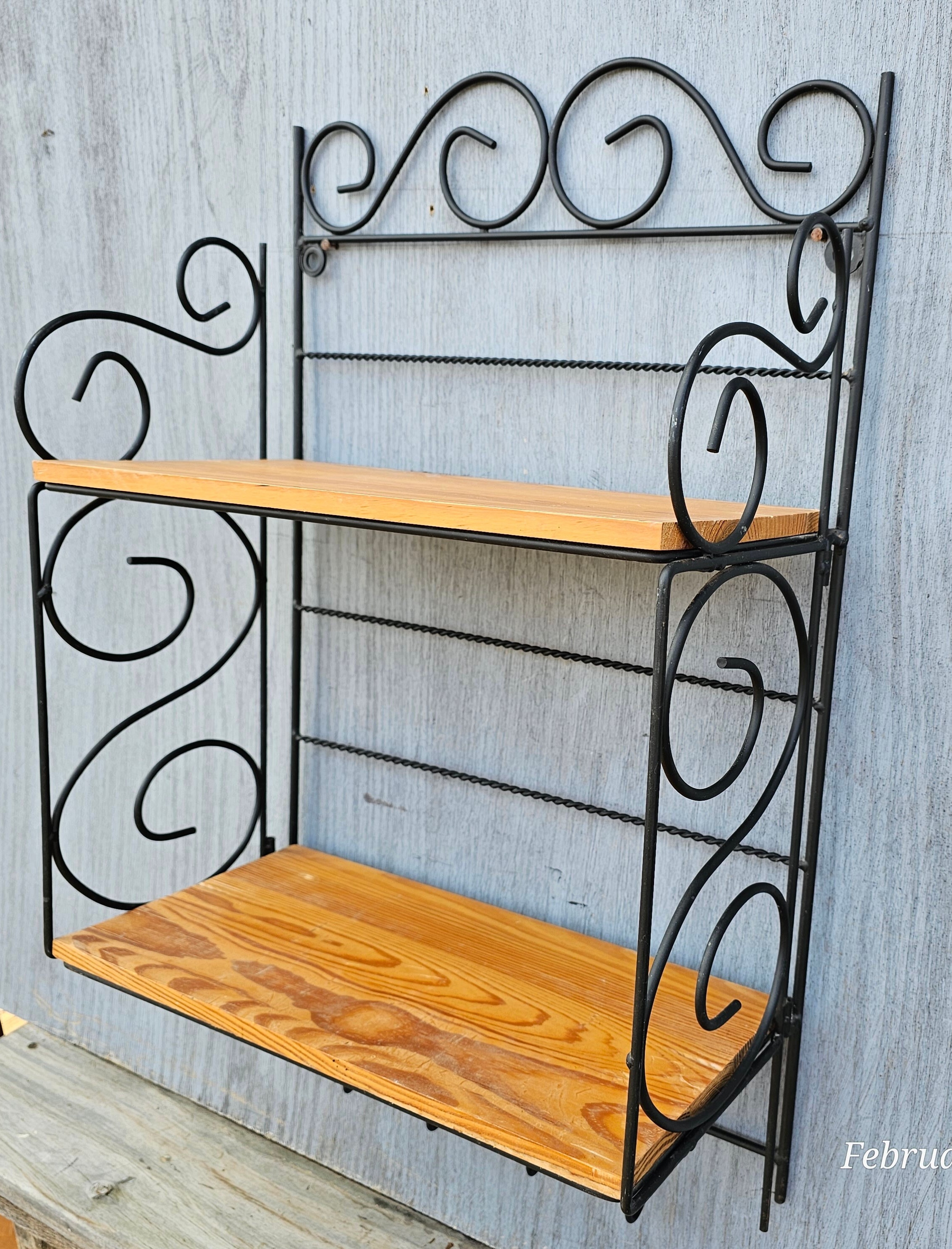Wood Iron Scroll-work Shelf Two Shelves Pot Holder Hooks Kitchen