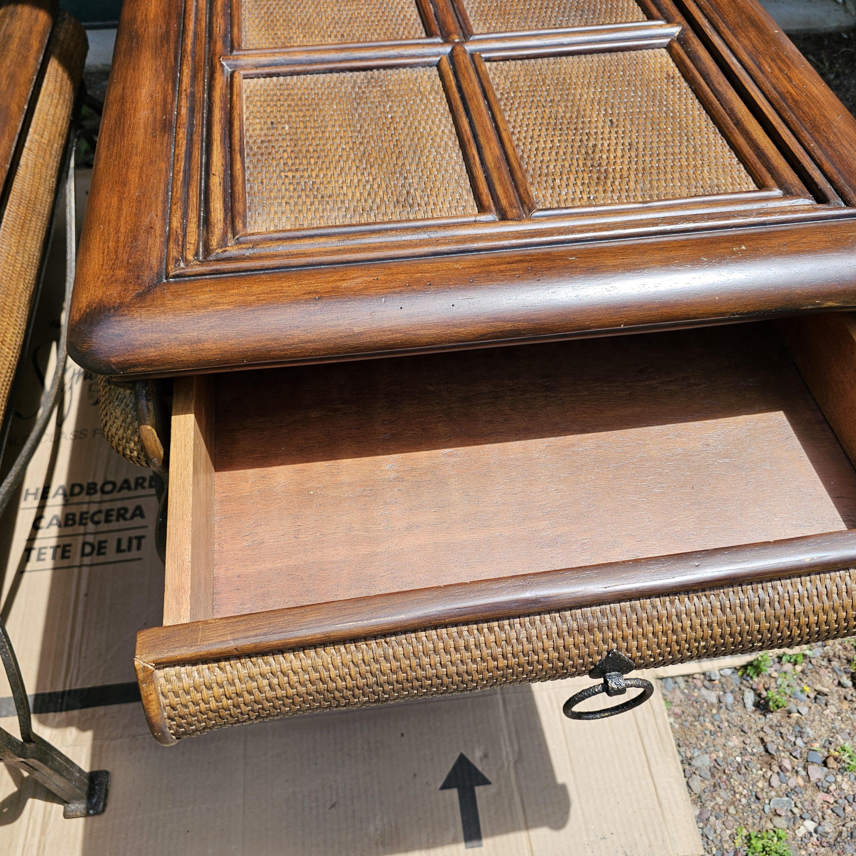 Vintage Wicker & Wrought Iron Coffee Table Set: Glass Top Living