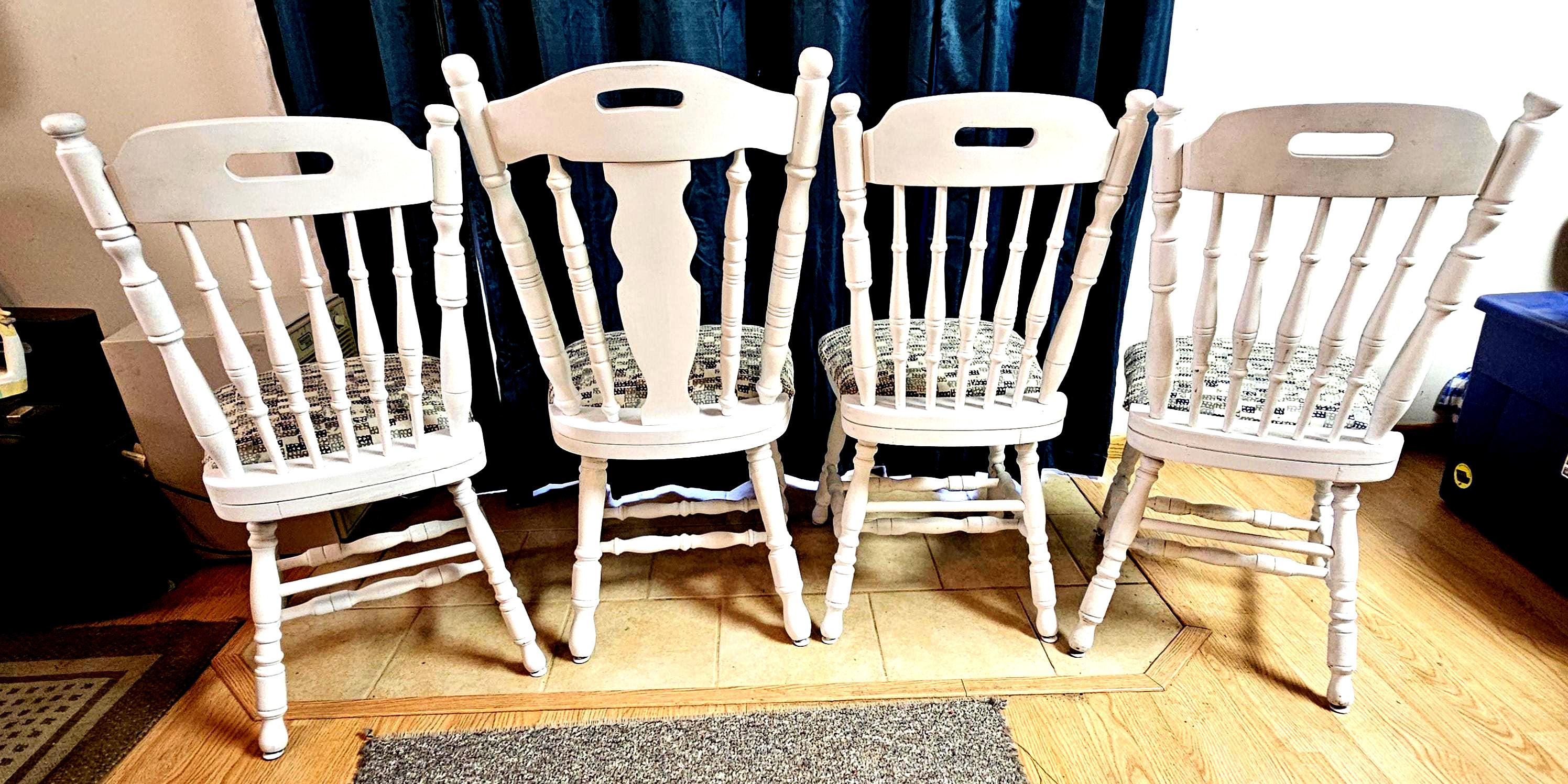 Vintage White Painted Dining Chairs - Spindle Back, Padded Seat