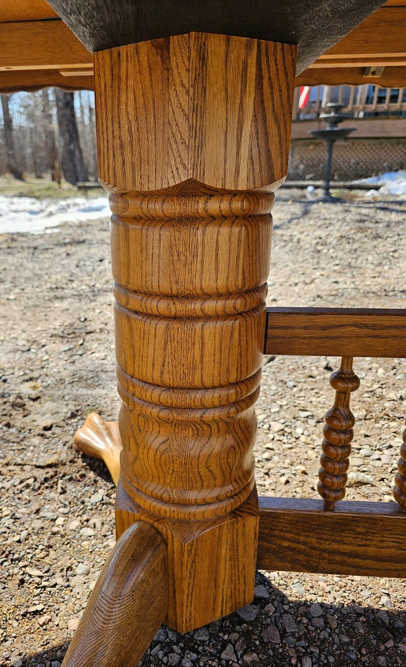 Oak Dining Table Two Leaves Pedestal Turned Heavy Posts Claw Etsy