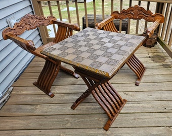 Chess Table Two Chairs Large Checkers Board Seat Cushions New Felt Underside Carved Backs  NOT 1.00 SHIPPING 1206