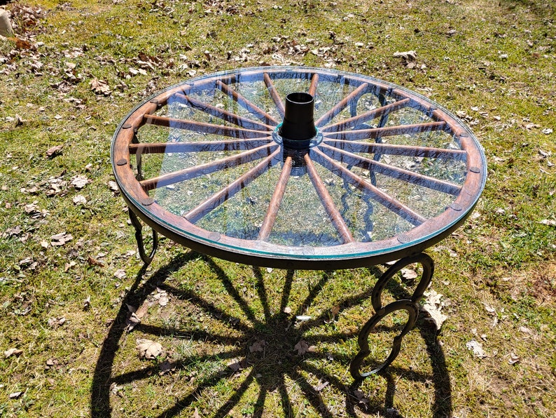 Wagon Wheel Coffee Table Antique 100 Year Old Handmade Vintage Glass Topped Horseshoe Legs