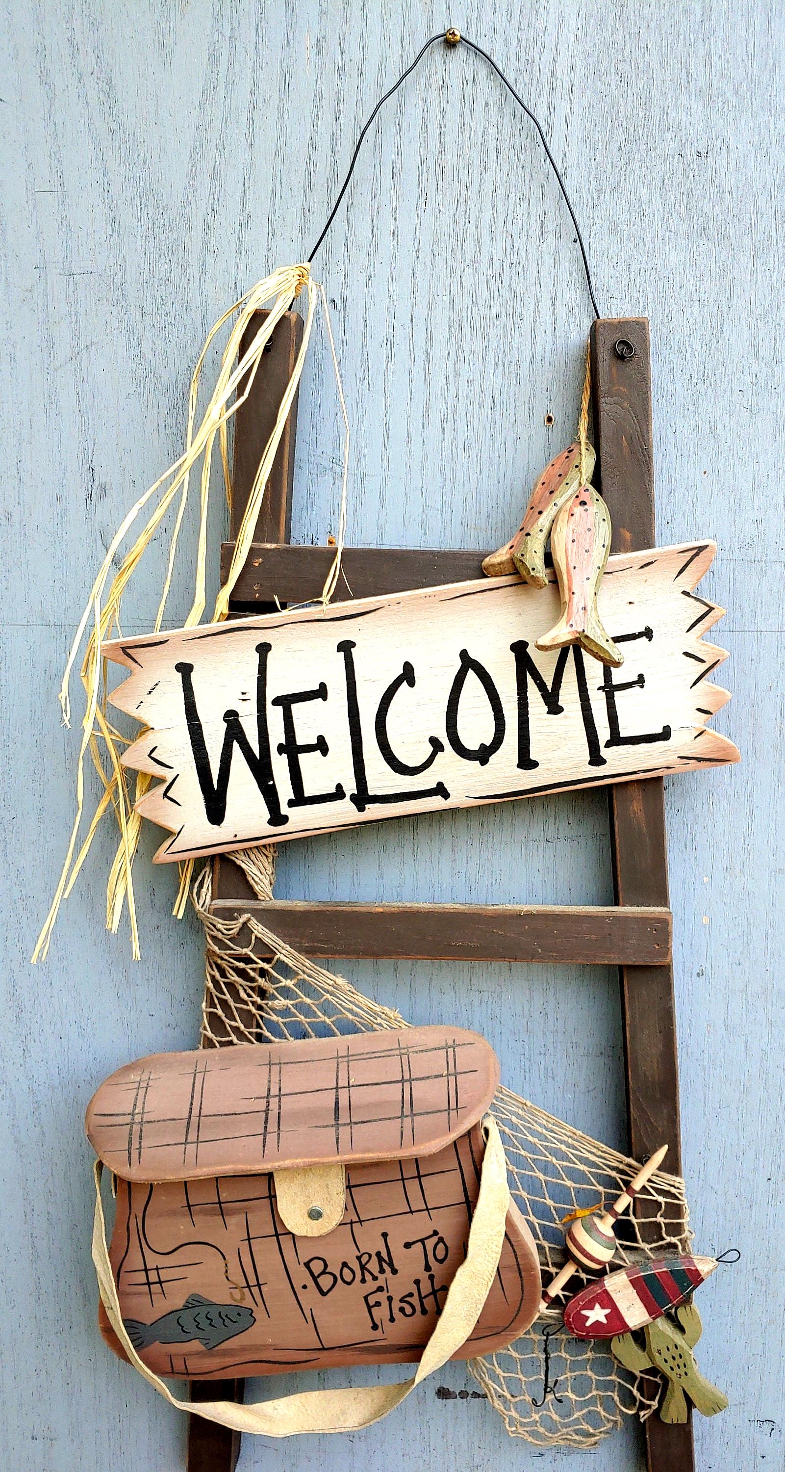 Vintage Fishing Welcome Sign: Wood Creel, Bobber, Lure Decor ~ 929