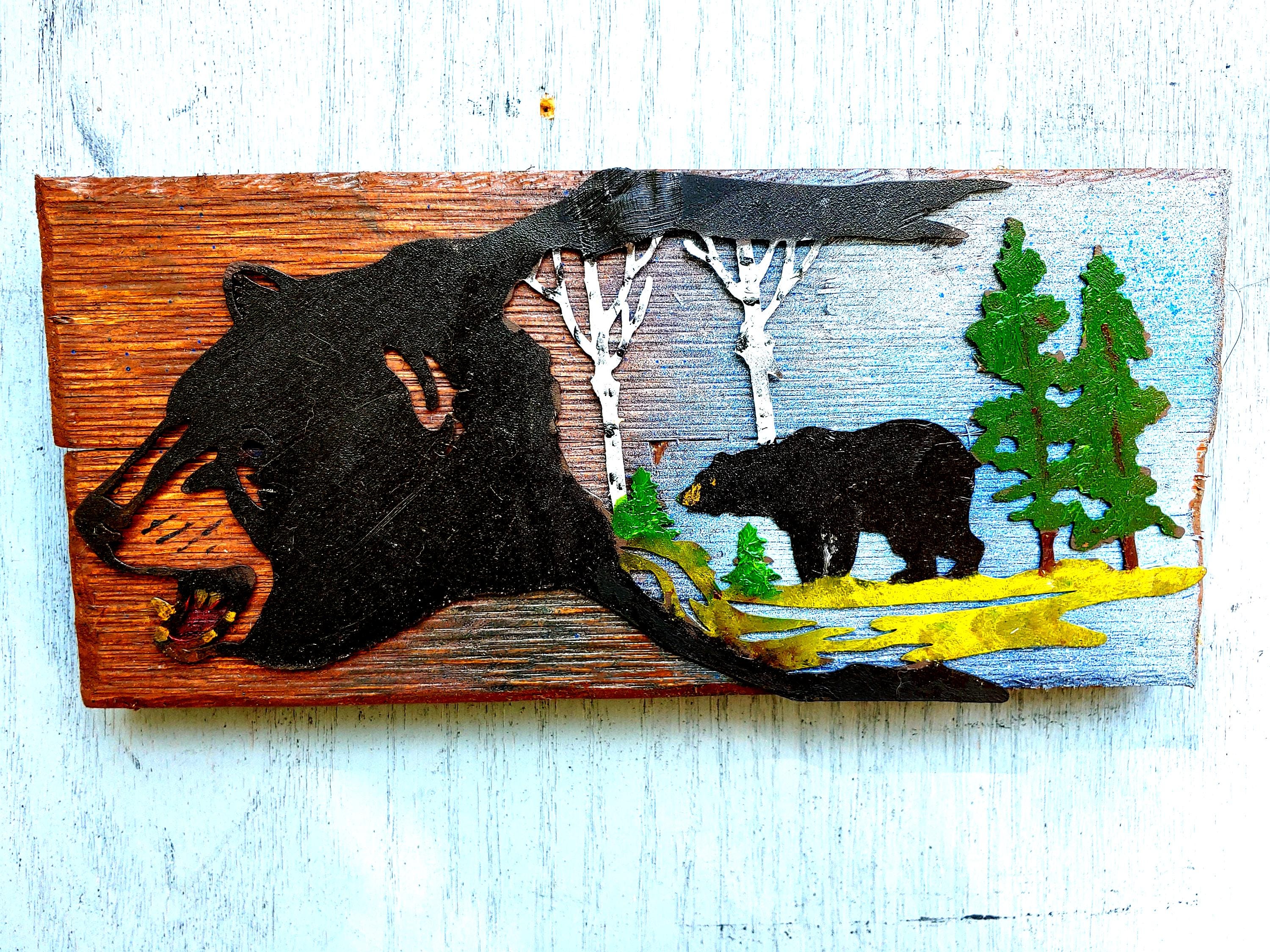 Oil Painted Bear Scene Wall Hanging: Birch & Pine on Cedar ~ 894