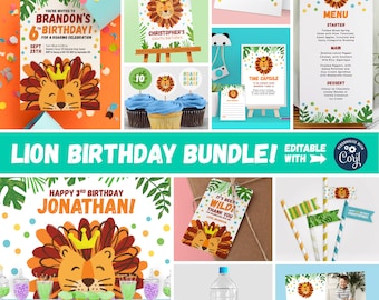 Könnte beinhalten: Ein druckbares Löwen-Geburtstagsparty-Paket mit editierbaren Vorlagen. Das Paket beinhaltet ein Willkommens-Schild, eine Einladung, Cupcake-Topper, ein Menü, eine Zeitkapsel, Dankeschön-Etiketten, Wasserflaschen-Etiketten und eine Strohhalm-Flagge. Das Design zeigt einen Löwen-Cartoon mit einer Krone, grünen Blättern und bunten Punkten.