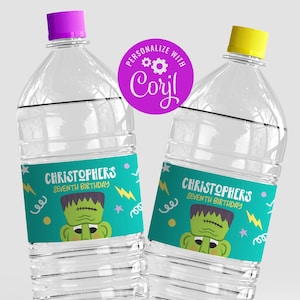 May include: Two clear plastic water bottles with green, yellow, and blue labels. The labels feature a cartoon monster with the text "Christopher's Seventh Birthday".