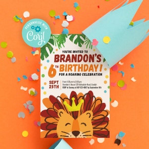 Puede incluir: Una invitación colorida para una fiesta de cumpleaños de 6 años con una ilustración de león. La invitación dice "¡Estás invitado al 6º cumpleaños de Brandon! Para una celebración rugiente." La fecha es el 25 de septiembre y la hora es de 1:00 pm a 3:00 pm. La ubicación es Brandon's House 125 Valleydale Road, Guelph. RSVP a Tammy al 647-123-4567 antes del 6 de septiembre.