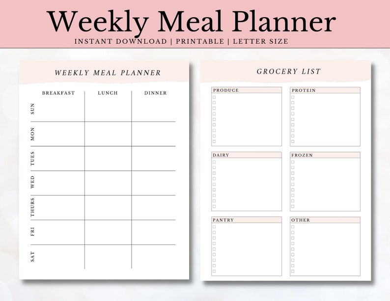 Printable Weekly Meal Planner With Grocery List and Food Journal | Menu ...