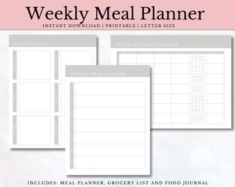 Wydrukuj tygodniowy plan posiłków z listą zakupów i dziennikiem żywności | Planer menu | Cyfrowy | Natychmiastowe pobranie
