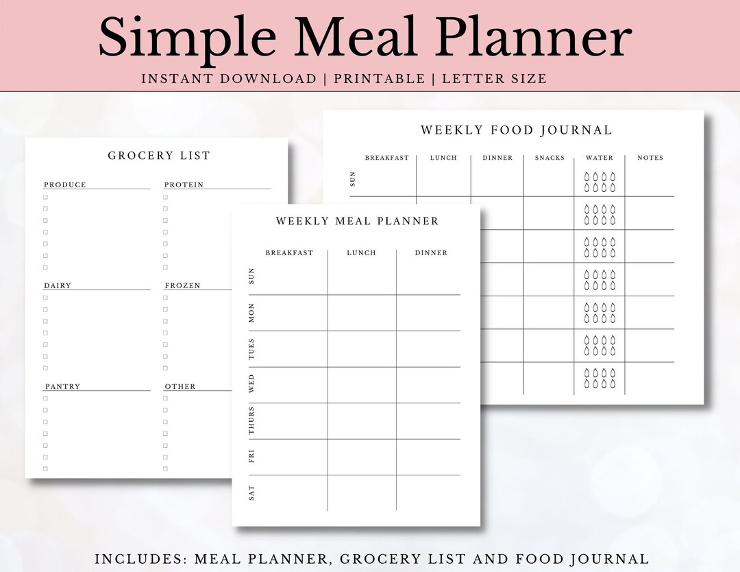 Simple Weekly Meal Planner With Grocery List and Food Journal | Menu ...