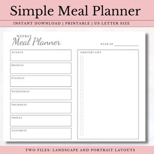 Minimalist One Page Weekly Meal Planner with Grocery List and Food Journal | Menu Planner | Printable | Digital | Instant Download