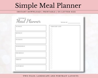 Minimalistyczny jednostronicowy tygodniowy planer posiłków z listą zakupów i dziennikiem żywności | Planer menu | Do druku | Cyfrowy | Natychmiastowe pobranie
