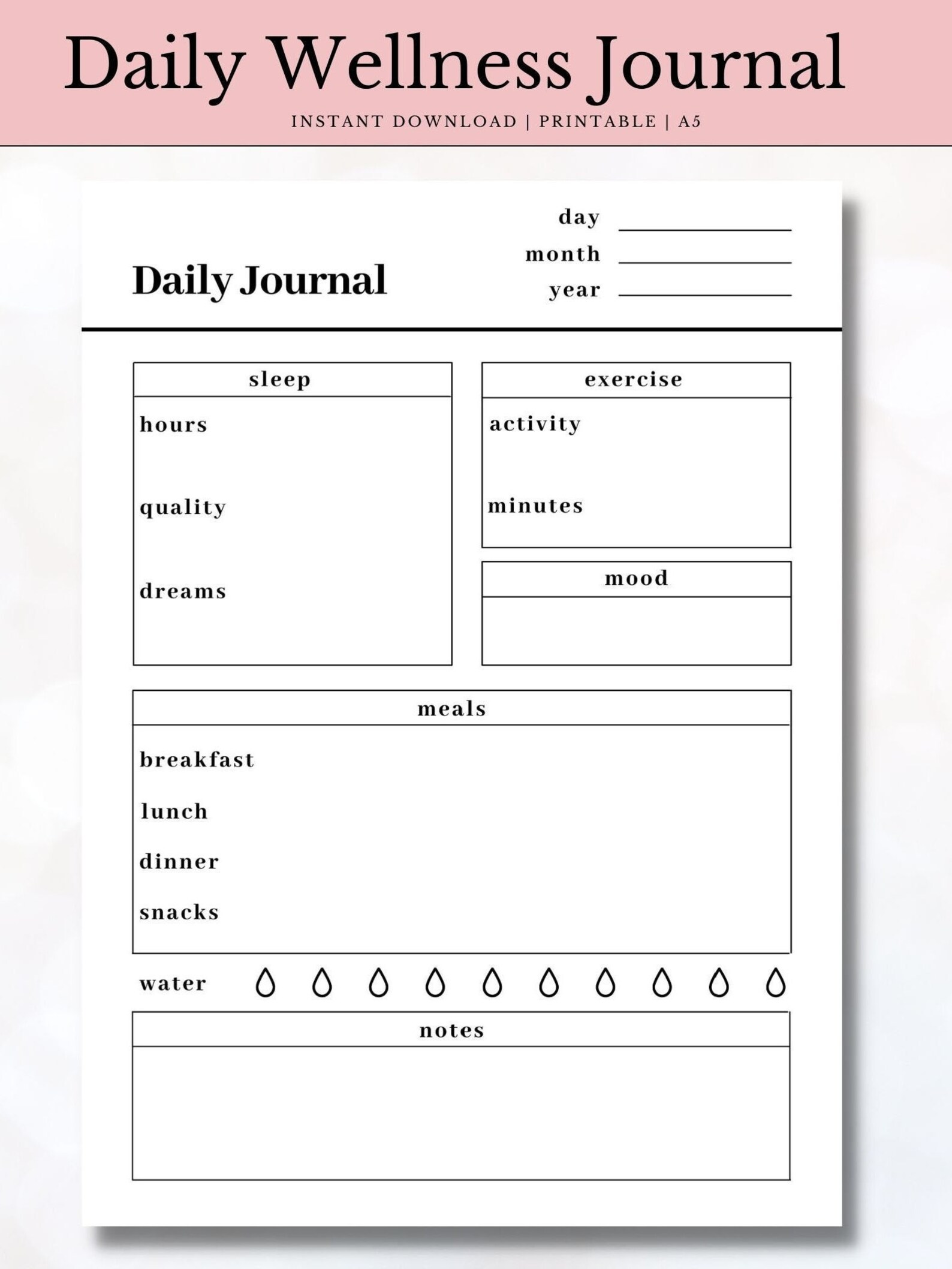 Printable Daily Wellness Journal Self Care Diary Food Etsy