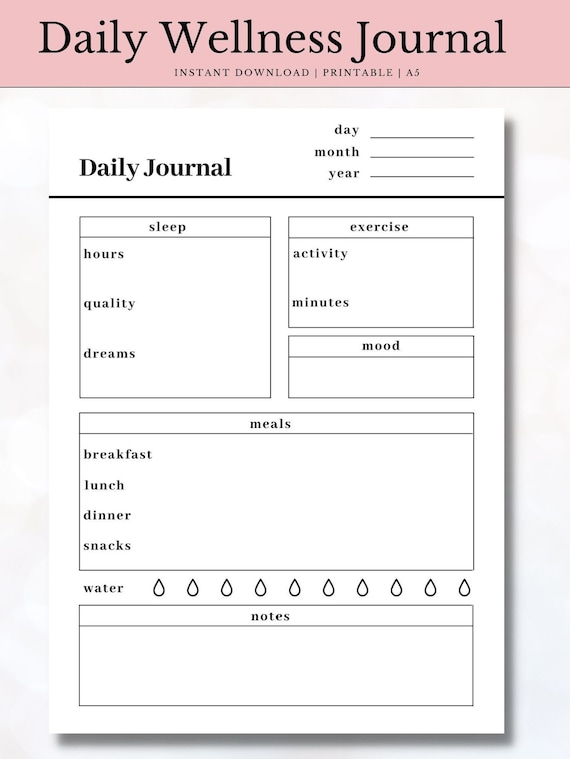 Printable Daily Wellness Journal Self Care Diary Food Tracker