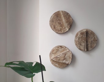 Plaster Sculptural Wall Painting, Set of 3 Circular Artwork Set, 3D Textured Brown Wall Art