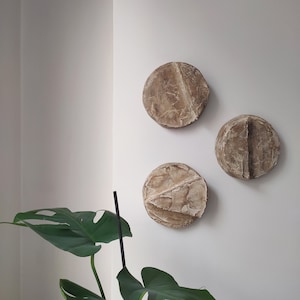Plaster Sculptural Wall Painting, Set of 3 Circular Artwork Set, 3D Textured Brown Wall Art