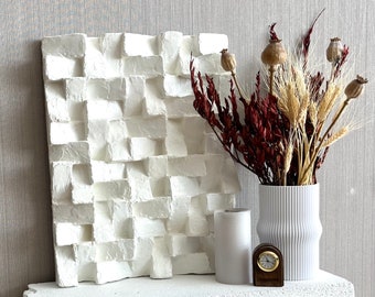 Textured Geometrical White Artwork, Sculptural Plaster Wall Art, Modern Interior Design