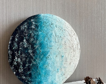 Arte de pared circular de yeso, ilustraciones azules texturizadas