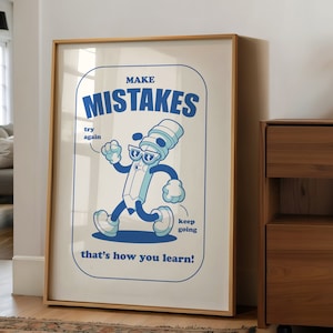 Classroom Art, Kids Room Art, Downloadable Print, Cartoon Art Print, Make Mistakes Print, Trendy Posters, Vintage Mascot Art, Motivation Art