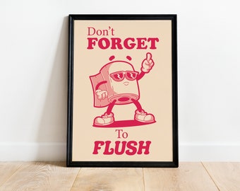 Don't Forget To Flush, Bathroom Wall Art, Red Retro Bathroom Print, Modern Washroom Sign, Bathroom Quote Print, Flush the Toilet Sign