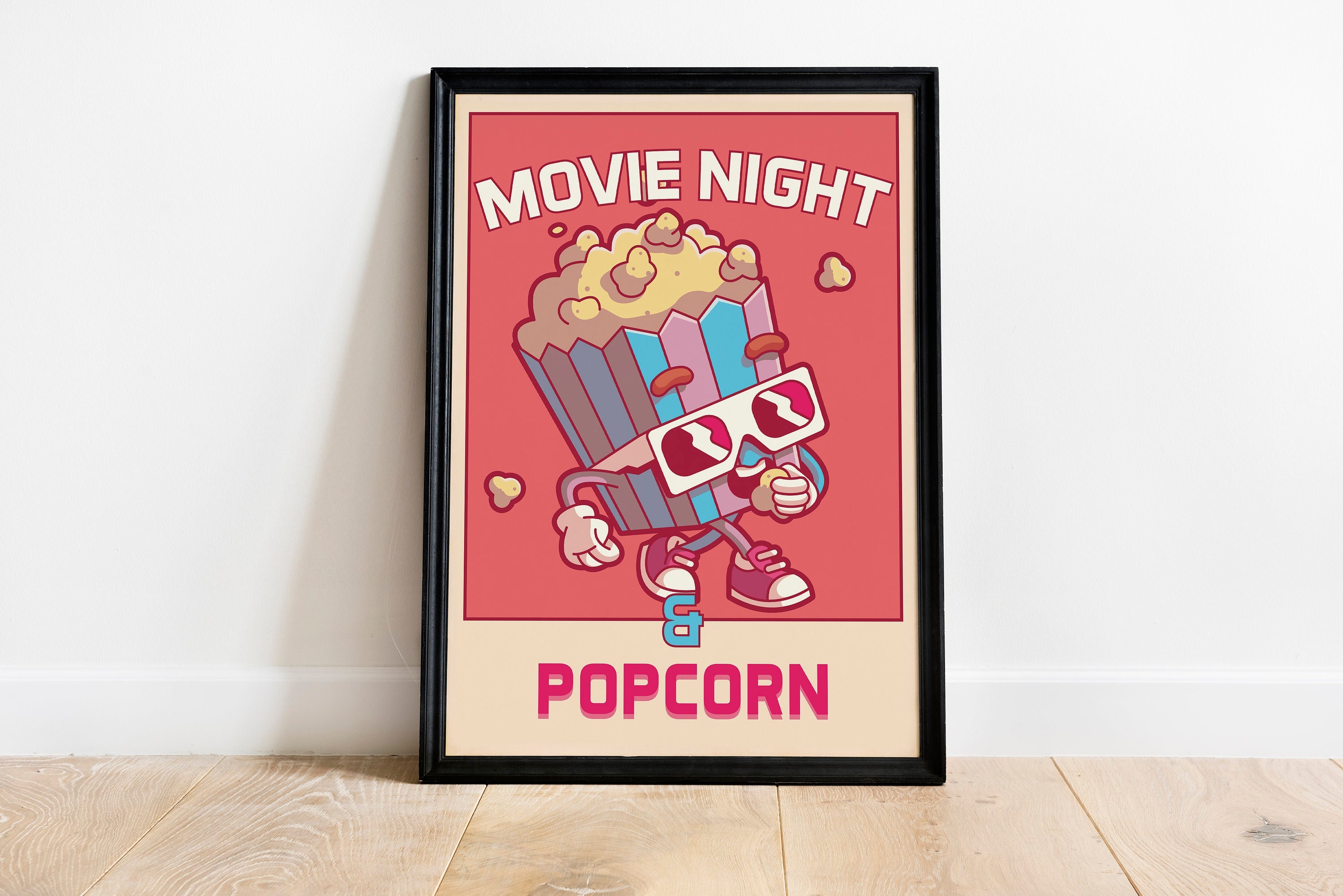 Retro Popcorn Wall Print, Movie Night Wall Decor, Popcorn Art Print