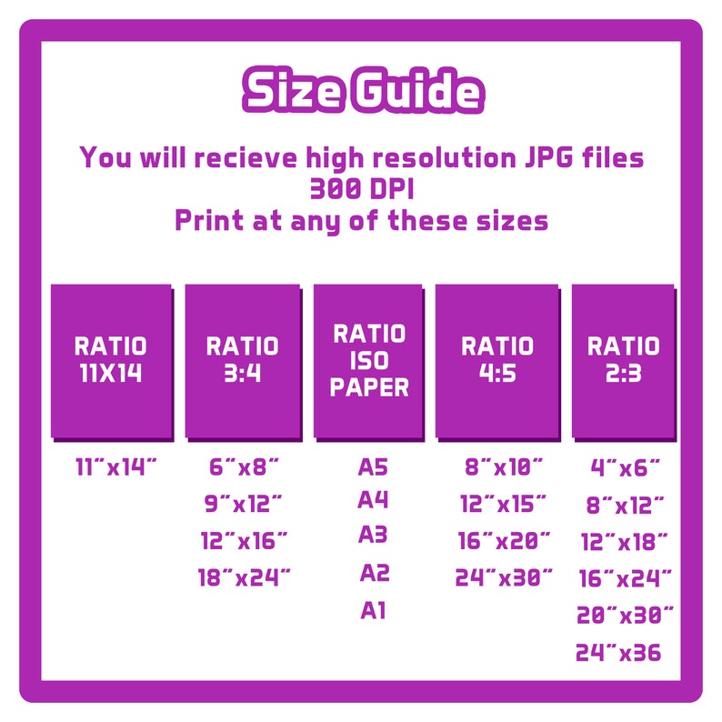 May include: A size guide for printing high-resolution JPG files at 300 DPI. The guide lists different aspect ratios and corresponding print sizes in inches, including 11x14, 3:4, 4:5, and 2:3. It also includes ISO paper sizes like A5, A4, A3, A2, and A1.