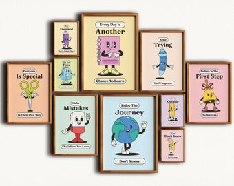 Paquete de aula retro: carteles coloridos sobre mentalidad de crecimiento, material para docentes, juego de galería de descarga instantánea para pared, decoración de dopamina, arte infantil