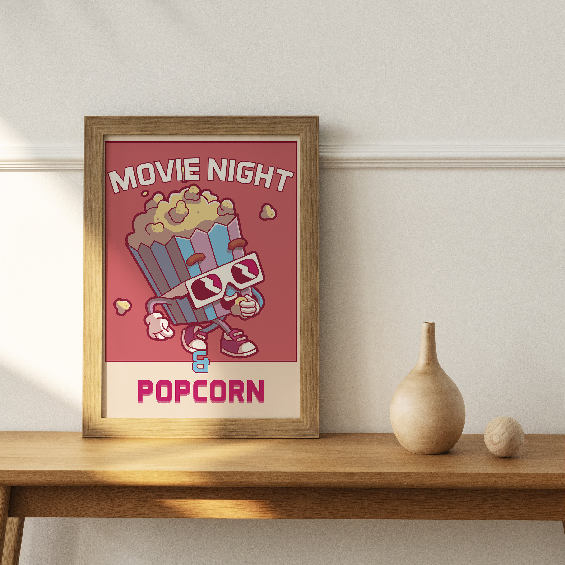Retro Popcorn Wall Print, Movie Night Wall Decor, Popcorn Art Print