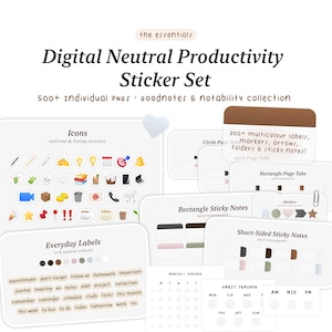 May include: Digital neutral productivity sticker set with over 500 individual PNGs. Includes icons, everyday labels, rectangle sticky notes, and more. Features a variety of labels, arrows, folders, and sticky notes for digital planning.