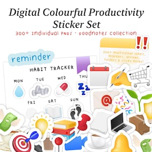 Puede incluir: Juego de pegatinas de productividad digital y coloridas con más de 300 PNG individuales. La imagen presenta varias pegatinas coloridas, incluyendo etiquetas, marcadores, flechas, carpetas y notas adhesivas. También se incluye un rastreador de hábitos.