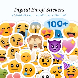 Könnte beinhalten: Eine Sammlung digitaler Emoji-Aufkleber mit verschiedenen Ausdrücken, darunter lächelnde Gesichter, Herzen und weinende Augen. Die Aufkleber sind in verschiedenen Farben gehalten, darunter Gelb, Rosa und Lila. Der Text oben lautet "Digital Emoji Stickers". Der Text "100+" ist ebenfalls sichtbar.