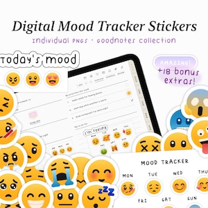 May include: Digital mood tracker stickers with various emoji expressions, including happy, sad, and angry faces. The stickers are designed for use with Goodnotes and come with bonus extras. The image also shows a tablet with a planner interface.