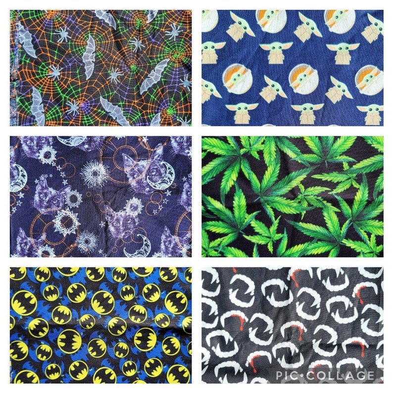 May include: A collage of ten different fabric patterns. The patterns include a black and green marijuana leaf pattern, a black and white pattern with a creature from the black lagoon, a black and blue pattern with a cartoon character, a black and orange pattern with bats and spiderwebs, a black and blue pattern with a cat and moon, a black and white pattern with a vampire fang, a black and yellow pattern with a batman logo, a black and blue pattern with a cartoon character, a black and white pattern with a cat and moon, and a black and green marijuana leaf pattern.