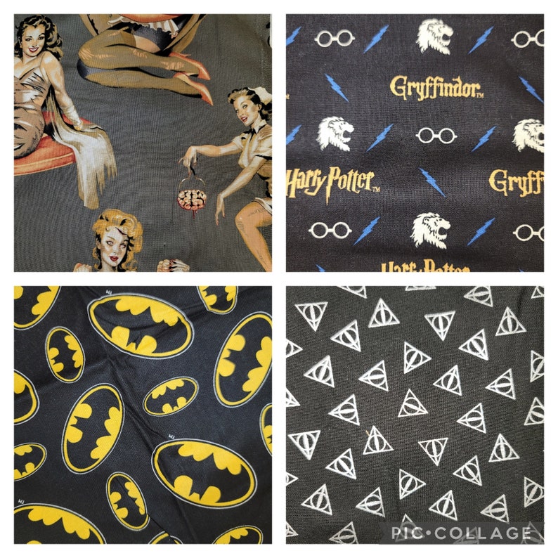 Może przedstawiać: Kolaż wzor&oacute;w tkanin. Jeden przedstawia dziewczyny pin-up w stylu vintage w odcieniach sepii. Inny przedstawia logo Harry'ego Pottera, tekst Gryffindoru, okulary i błyskawice na czarnym tle. Trzeci pokazuje ż&oacute;łte logo Batmana na czarnym tle. Ostatni ma białe symbole Insygni&oacute;w Śmierci na czarnym tle.