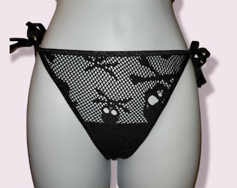 Thong with ties. Skulls, mesh, goth, gothic, gothy, see through, fishnet, halloween