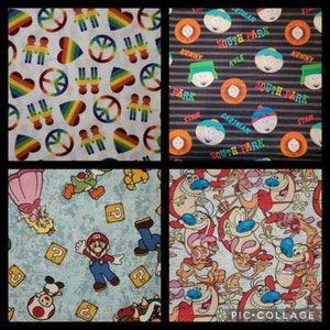 May include: A collage of four different fabric patterns. The top left pattern is white with rainbow hearts, peace signs, and stick figures holding hands. The top right pattern is gray with black stripes and the words "South Park" repeated. The bottom left pattern is blue with a white background and features characters from the Super Mario Bros. video game. The bottom right pattern is white with a red, orange, and yellow background and features characters from the cartoon "Ren & Stimpy".