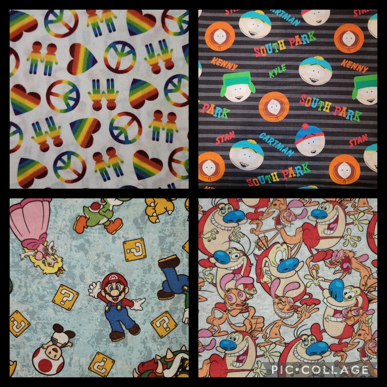 May include: A collage of four different fabric patterns. The top left pattern is white with rainbow hearts, peace signs, and stick figures holding hands. The top right pattern is gray with black stripes and the words "South Park" repeated. The bottom left pattern is blue with a white background and features characters from the Super Mario Bros. video game. The bottom right pattern is white with a red, orange, and yellow background and features characters from the cartoon "Ren & Stimpy".