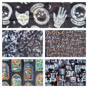 May include: A collage of nine different fabric patterns. The top row features a black fabric with white stars, a white cat with a third eye, a white skull in a circle, and a white hand with symbols. The middle row features a black fabric with white bats, a black fabric with orange cats, and a black fabric with white bats. The bottom row features a black fabric with stained glass windows, a black fabric with a collage of mugshots, and a black fabric with a collage of mugshots.