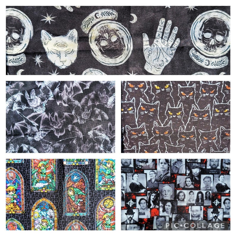 May include: A collage of nine different fabric patterns. The top row features a black fabric with white stars, a white cat with a third eye, a white skull in a circle, and a white hand with symbols. The middle row features a black fabric with white bats, a black fabric with orange cats, and a black fabric with white bats. The bottom row features a black fabric with stained glass windows, a black fabric with a collage of mugshots, and a black fabric with a collage of mugshots.