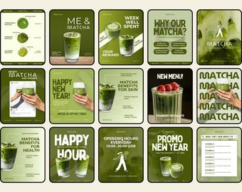 Puede incluir: Una colección de carteles promocionales de color verde para bebidas de matcha. Los carteles presentan imágenes de lattes de matcha, polvo de matcha y texto que destaca los beneficios de la bebida, los nuevos elementos del menú y las ofertas especiales.