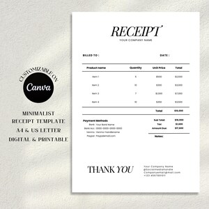 Receipt Template - Minimalist Business Receipt, Small Business Template, Clean Look Client Receipt, Editable Template, Professional Template