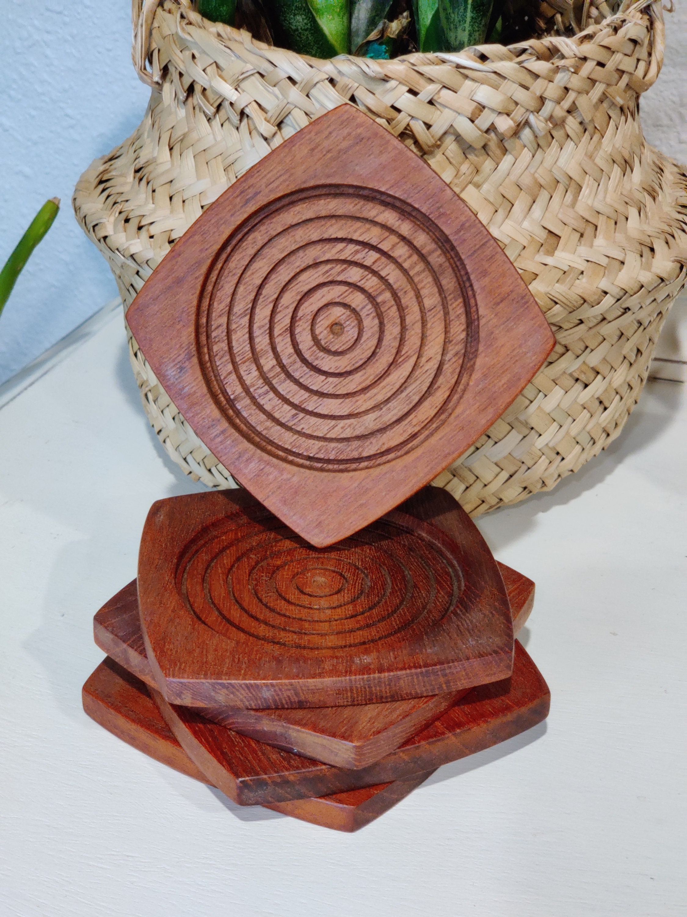 Vintage wooden coaster set of 5 Etsy