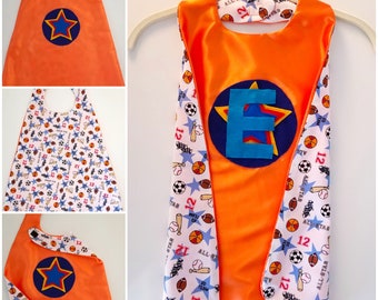 Personalized Kids Superhero Cape - Orange All-Star Sports - Reversible - Includes Donation to Children’s Hospital - Gift Wrapping Included