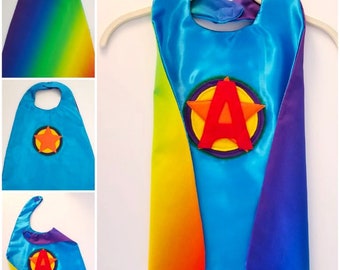 Personalized Superhero Cape for Kids - Turquoise Rainbow - Reversible - Includes Donation to Children’s Hospital - Gift Wrapping Included