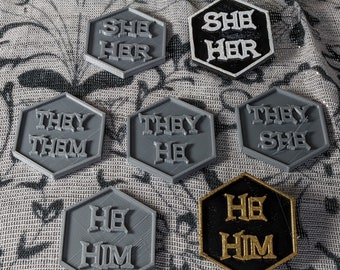 Pronoun Pins, Hexagonal Gender Pins, 3D STL File Printable Model, They/Them, She/Her, He/Him, They/She, They/Him