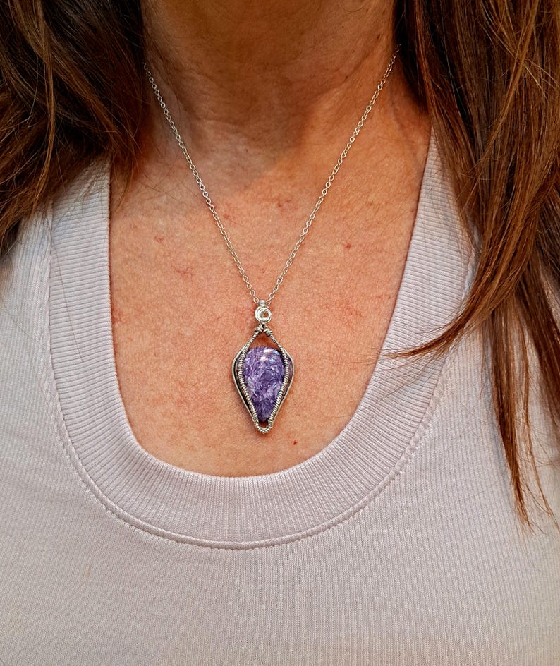 Natural Charoite Solid Argentium .940 Sterling Silver Pendant Necklace Handmade Healing Crystal image 6