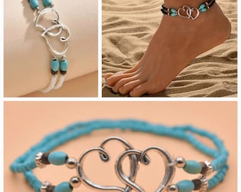 Beachy Bohemian Double Heart Beaded Anklet Ankle Bracelet Beach Jewelry Choose Lake Blue, White or Black Gift Idea Minimalist Handmade